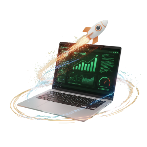 Notebook e Desktop com um símbolo de foguete para performance