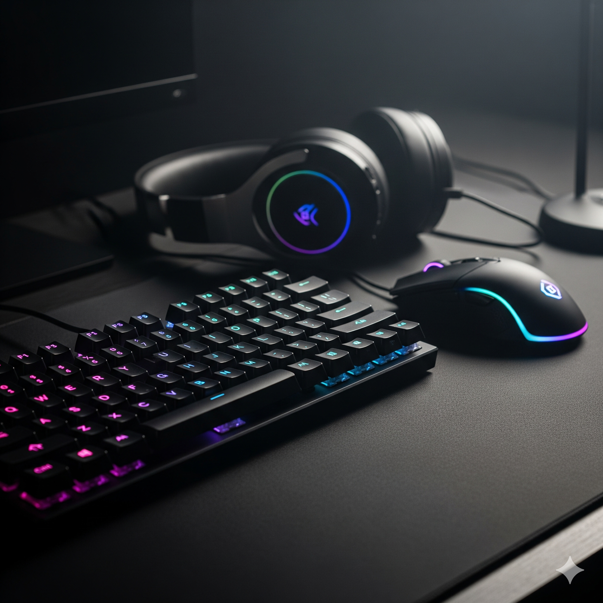 Mesa com teclado, mouse e headset para gamers e profissionais