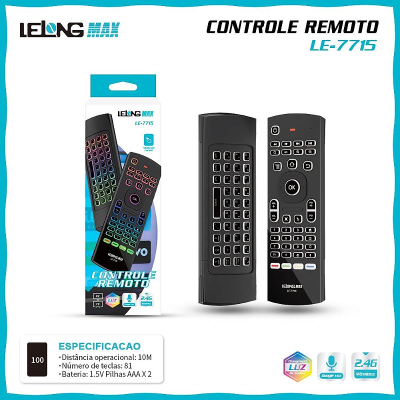 7715-a1bh1on400.jpeg Controle Remoto Air Mouse com Mini Teclado e Voz Lelong LE-7715 - Imagem 1