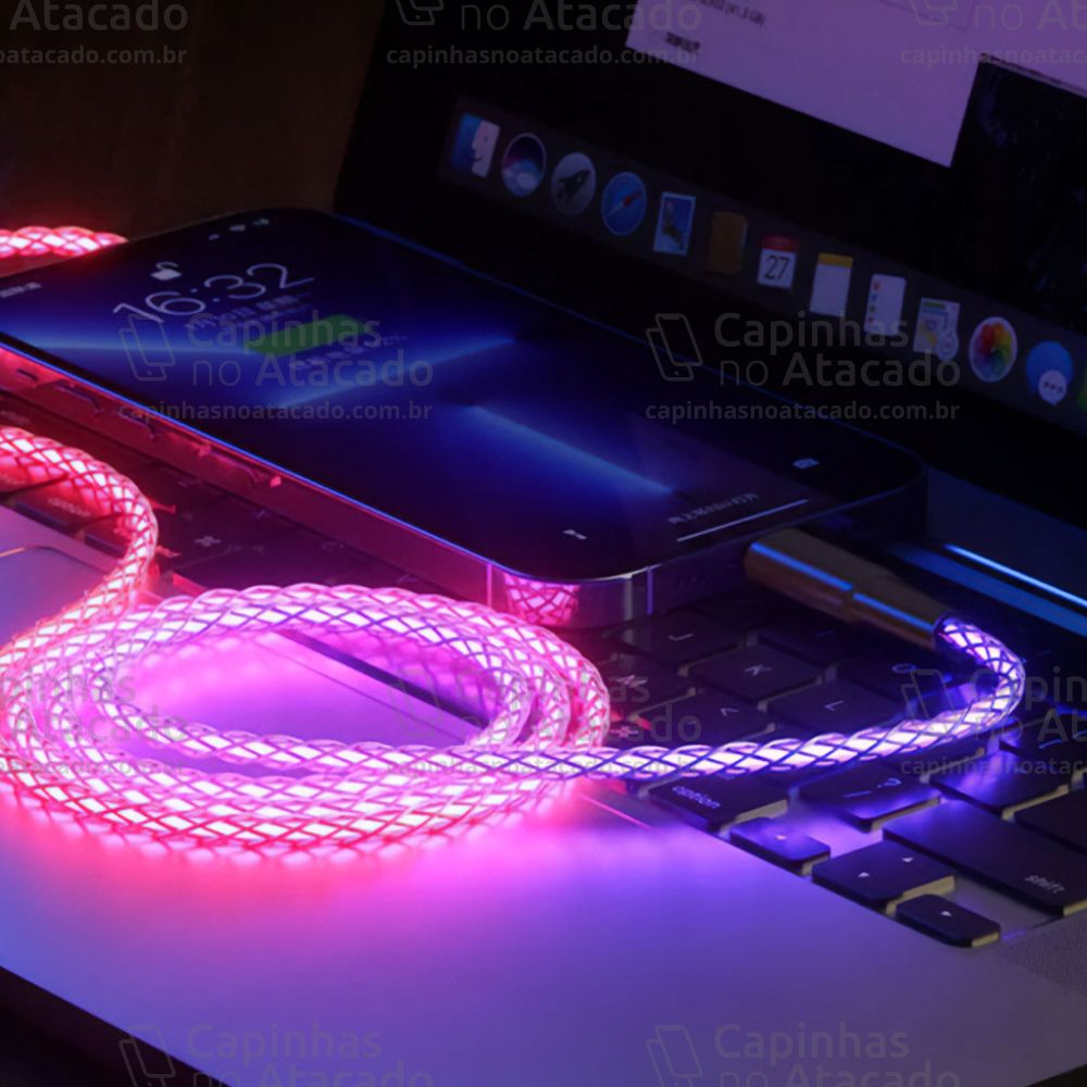 Cabo HREBOS Gamer Neon CB-507C USB para Type-C Iluminação RGB 1m - Imagem 2